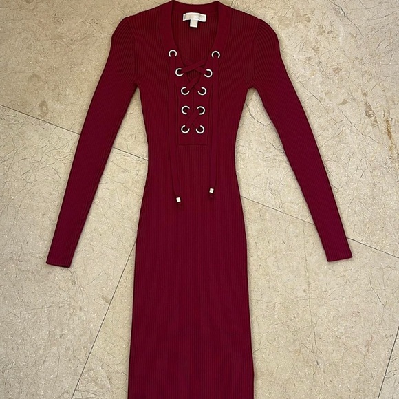 MICHAEL Michael Kors Burgundy Lace-Up Long Sleeve Dress - Picture 1 of 6